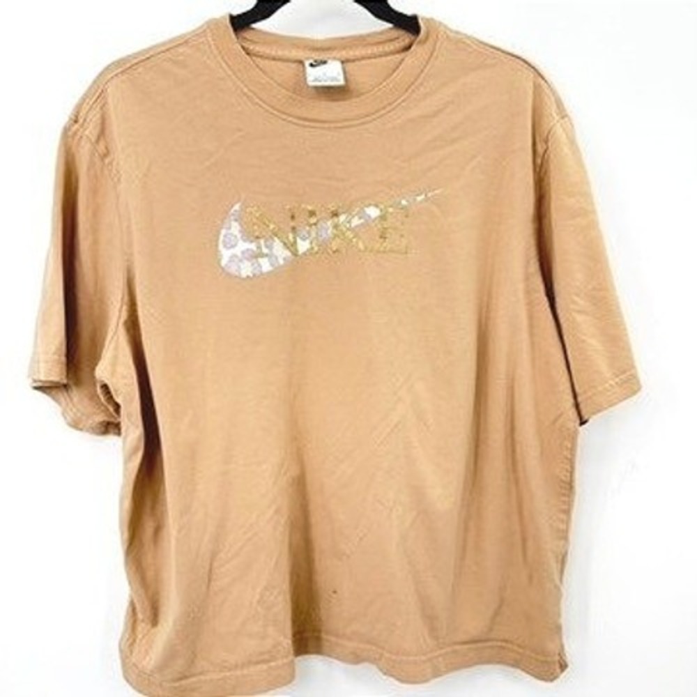 Nike Swoosh Boxy Tee Women L Tan Animal Print Logo Streetwear Sporty Retro